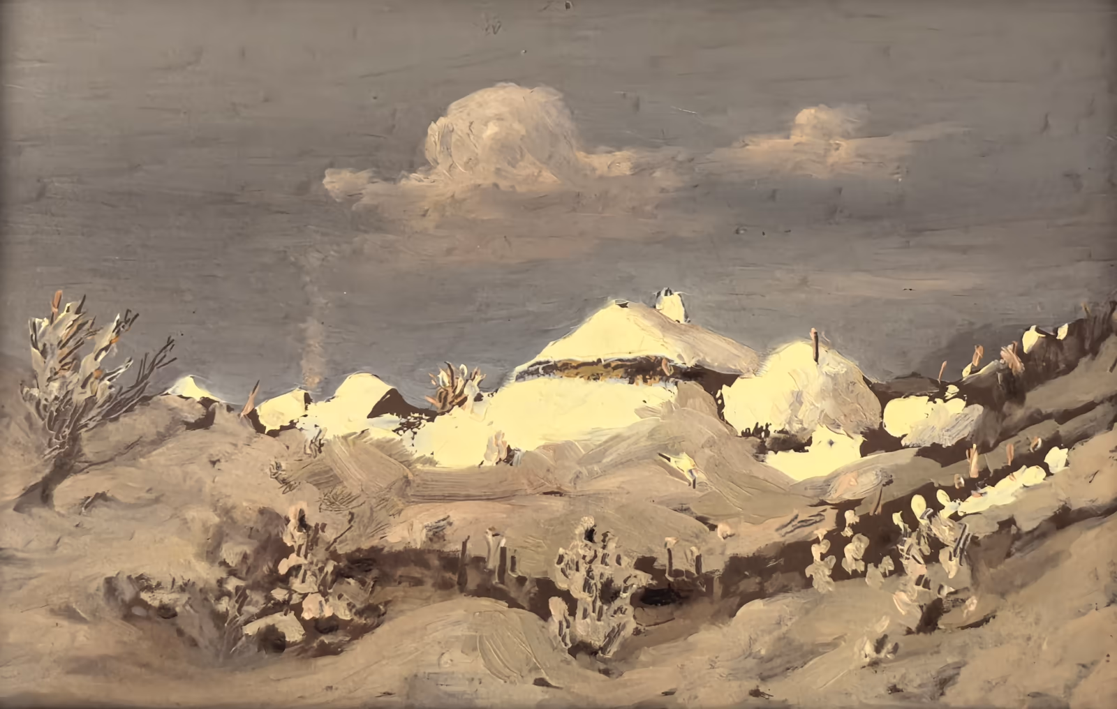 Arkhip Kuindzhi, 'Huts in the Snow': snow-covered roofs sunk into a drift under a heavy grey sky.